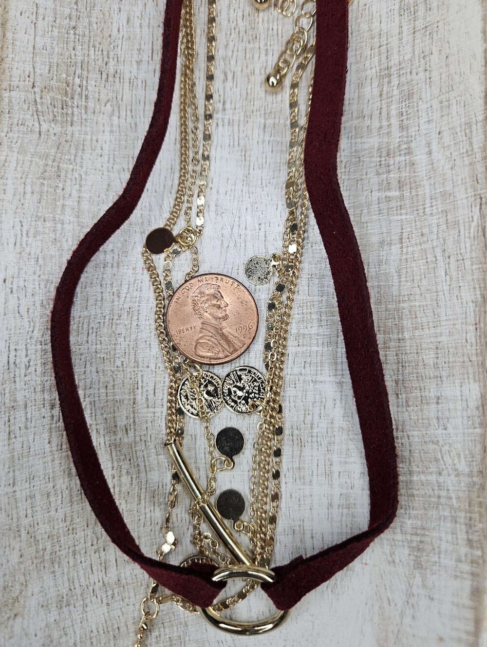 NWOT Burgundy Suede Gold Layered Choker Necklace Set Multi Strand 12-16" - Picture 9 of 10